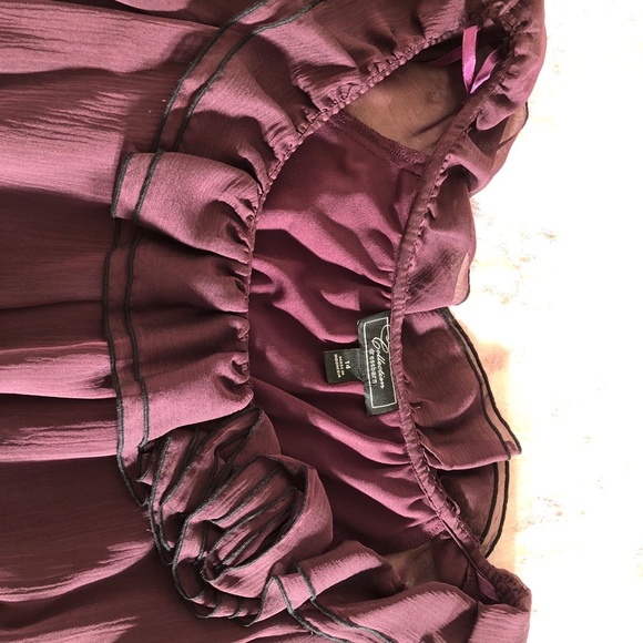 Deep Plum Ruffle Neck with ribbon tie Blouse - Picture 3 of 4